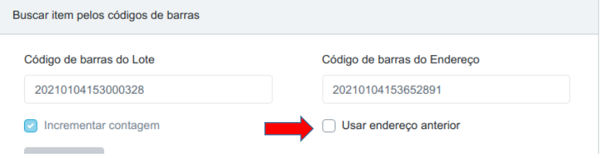 Card de busca com os códigos de barras preenchidos e seta indicando o checkbox Usar endereço anterior