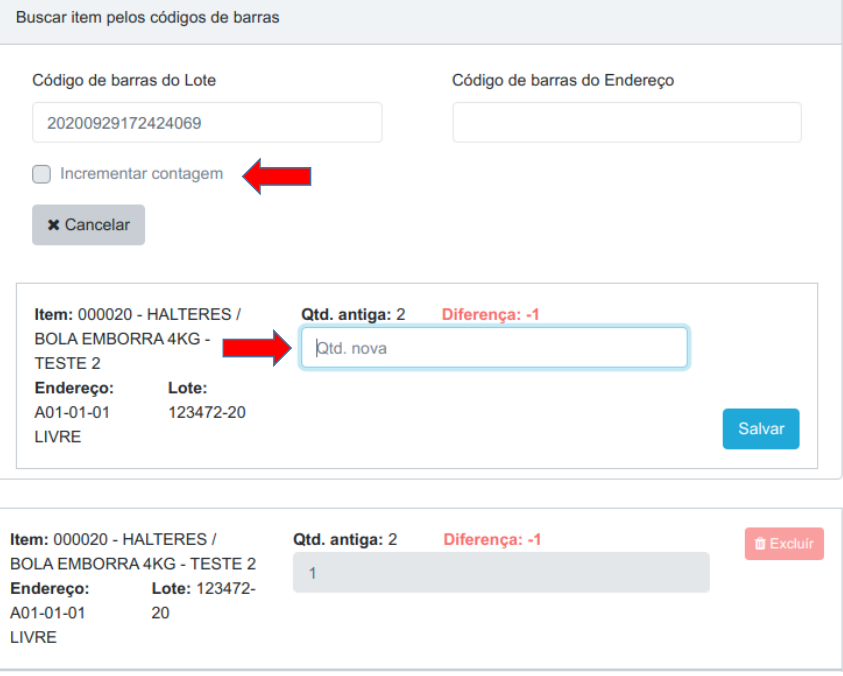 Card de busca com setas indicando o checkbox Incrementar contagem desmarcado e o campo Qtd. nova do estoque encontrado, com o lançamento anterior listado abaixo