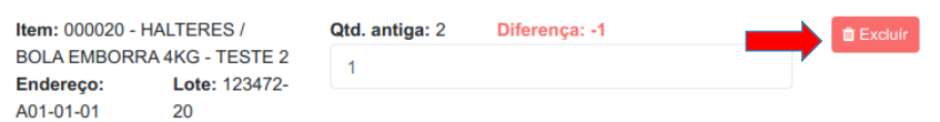 Lançamento com diferença -1 e seta indicando o botão Excluir