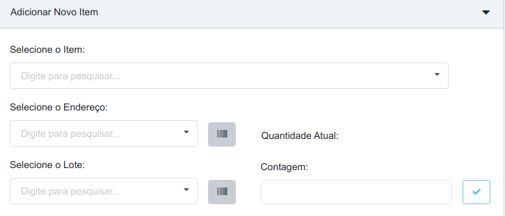 Card Adicionar Novo Item com os campos Selecione o Item, Selecione o Endereço, Selecione o Lote, Quantidade Atual e Contagem, com botões de leitura de código de barras