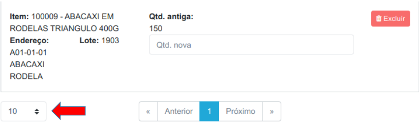 Lista de lançamentos paginada com seta indicando o seletor de itens por página (valor 10) no canto inferior esquerdo e a navegação Anterior/Próximo ao centro