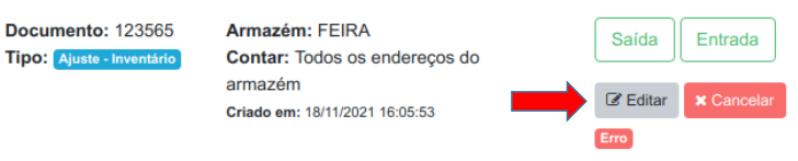 Pedido de ajuste com a badge vermelha Erro e seta indicando o botão Editar