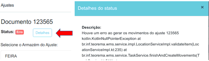 Tela do ajuste com status Erro, seta indicando o botão Detalhes e o modal Detalhes do status exibindo a descrição técnica do erro (stack trace)