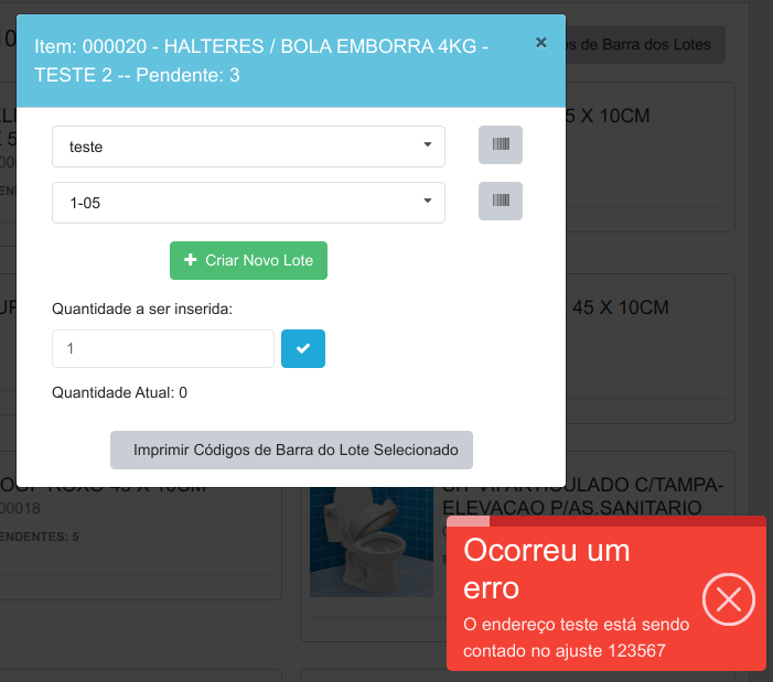 Modal de movimentação exibindo a notificação vermelha Ocorreu um erro, com a mensagem O endereço teste está sendo contado no ajuste 123567