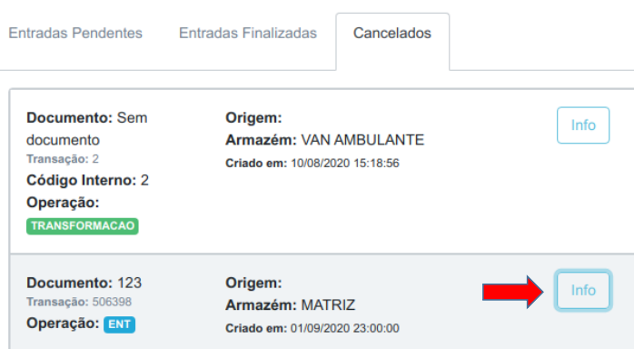 Aba Cancelados da lista de pedidos exibindo pedidos de transformação e entrada, com seta indicando o botão Info