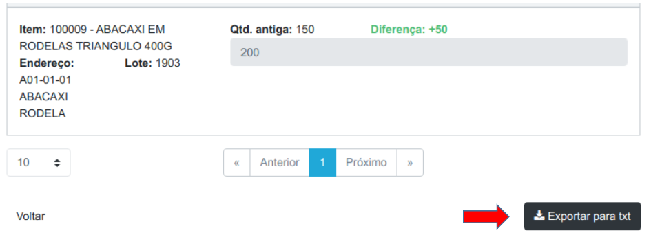 Ajuste finalizado com lançamento de diferença +50 e seta indicando o botão Exportar para txt no canto inferior direito