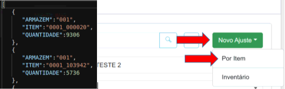 Trecho de arquivo JSON com os campos ARMAZEM, ITEM e QUANTIDADE, ao lado de setas indicando o botão Novo Ajuste e a opção Por Item