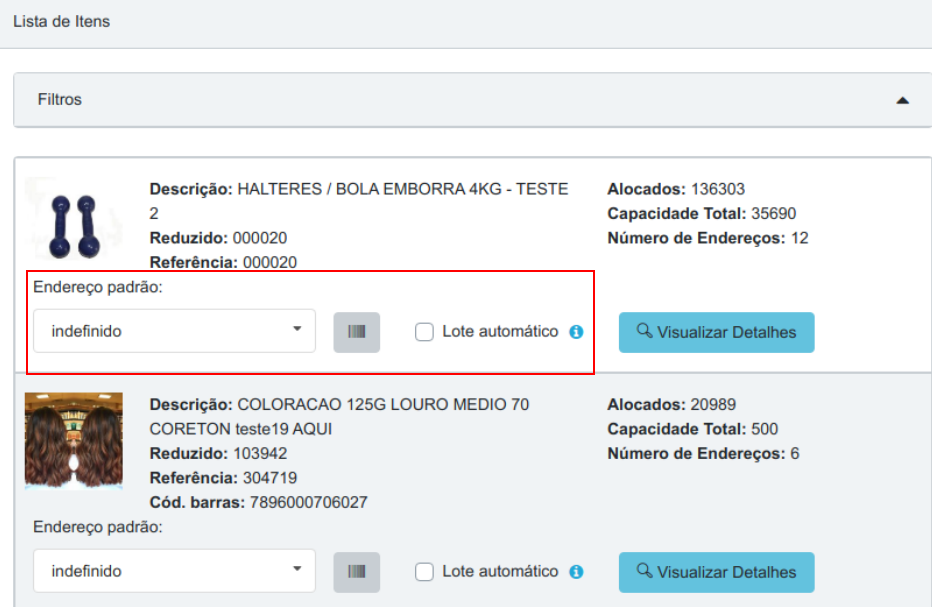 Lista de Itens com o campo Endereço padrão e o checkbox Lote automático destacados em vermelho no primeiro item, além das informações de alocados, capacidade total e número de endereços