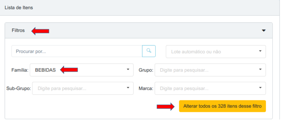 Painel Filtros da lista de itens com a família BEBIDAS selecionada e setas indicando o painel, o filtro e o botão amarelo Alterar todos os 328 itens desse filtro