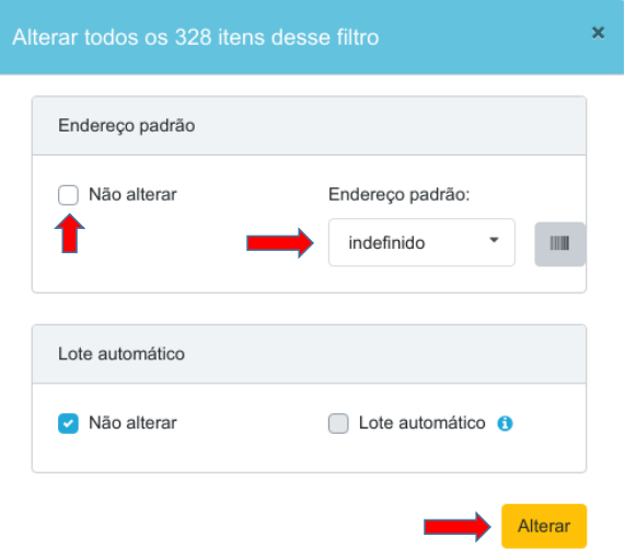Modal Alterar todos os 328 itens desse filtro com as seções Endereço padrão e Lote automático, checkboxes Não alterar e setas indicando os campos e o botão Alterar