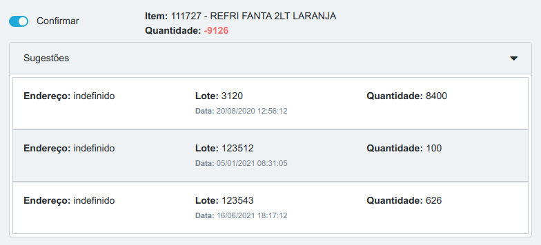 Sugestão de saída de um item (quantidade -9126) com a lista de estoques sugeridos exibindo lote, data e quantidade, ordenados do lote mais antigo para o mais recente
