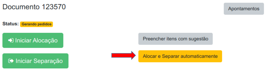 Tela do ajuste com status Gerando pedidos e seta indicando o botão amarelo Alocar e Separar automaticamente
