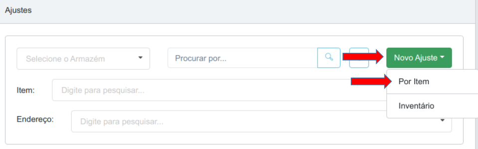 Tela Ajustes com setas indicando o botão Novo Ajuste e a opção Por Item no menu suspenso