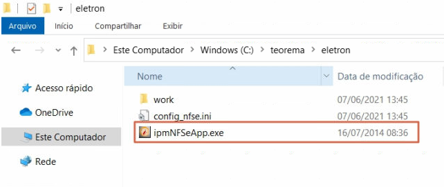 Explorador de arquivos exibindo a pasta C:\teorema\eletron com os arquivos work, config_nfse.ini e ipmNFSeApp.exe destacado