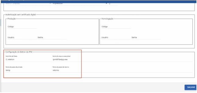 Tela de configuração do servidor de notas com seção Configuração do Eletron da IPM exibindo Caminho da Pasta C:/eletron, Nome do arquivo executável ipmNFSeApp.exe, Nome da pasta de entrada temp e Nome da pasta de retorno retorno
