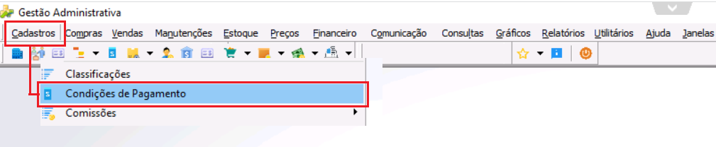 Menu Cadastros com item "Condições de Pagamento" selecionado no sistema Gestão Administrativa