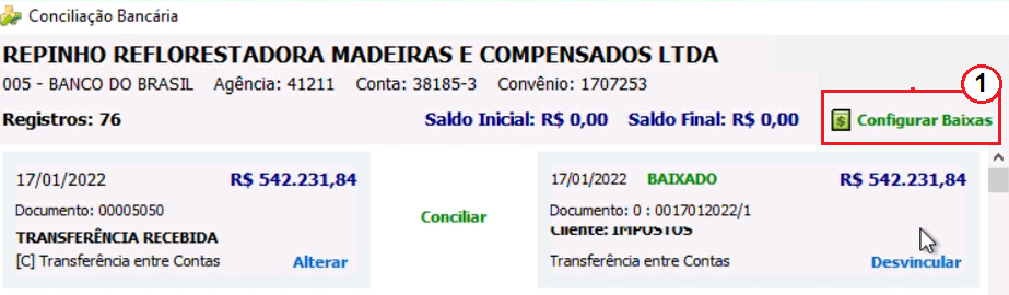 Tela Conciliação Bancária com botão "Configurar Baixas" destacado no canto superior direito
