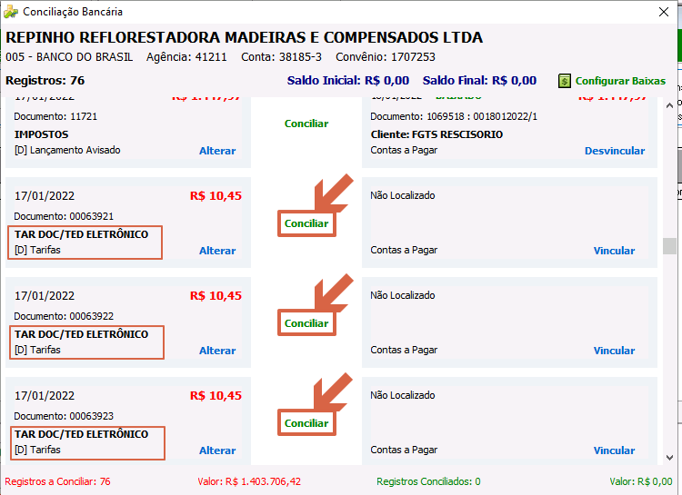 Tela Conciliação Bancária com registros de tarifas do tipo "TAR DOC/TED ELETRÔNICO" marcados e botão "Conciliar" disponível, com indicadores de registros a conciliar e registros conciliados no rodapé