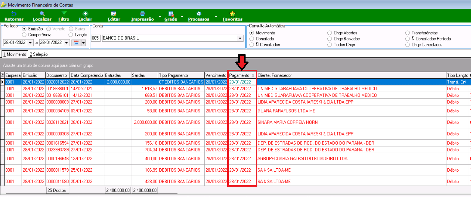 Tela Movimento Financeiro de Contas com lista de movimentos do período, coluna Pagamento preenchida com datas para todos os registros conciliados
