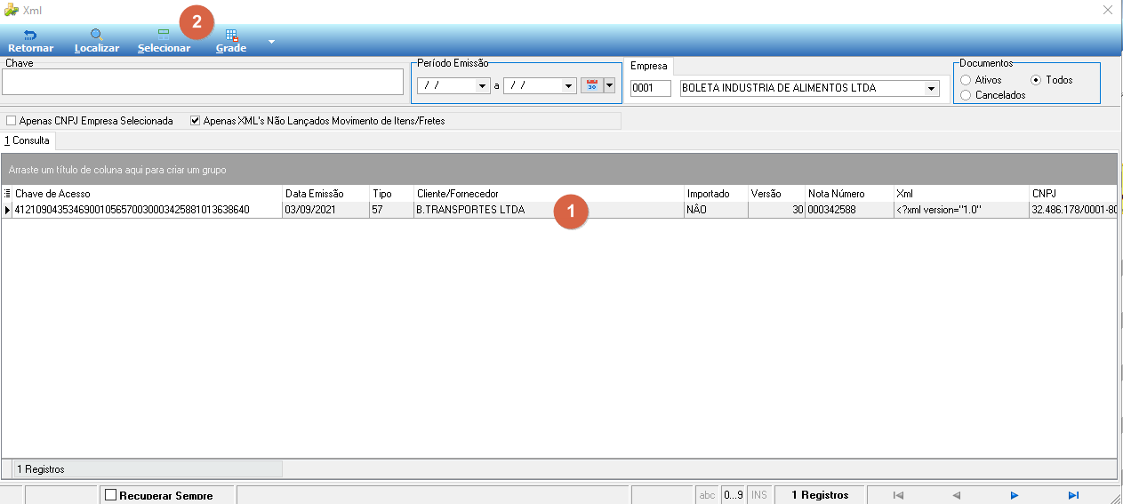 Tela Xml do XML Center com filtros Chave, Período Emissão, Empresa e Documentos; lista exibindo um registro com Chave de Acesso, Data Emissão 03/09/2021, Tipo 57, Cliente/Fornecedor "B.TRANSPORTES LTDA", coluna Importado "NÃO", Versão 30, Nota Número 000342588 e trecho do XML