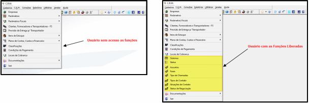 Módulo CRM — comparação do menu Cadastros: à esquerda, usuário sem acesso às funções (itens controlados ocultos); à direita, usuário com as funções liberadas (Sistemas, Status, Assuntos, Fases, Tipos de Chamados, Tipo de Contato, Situação de Contrato e Status de Negociação visíveis)