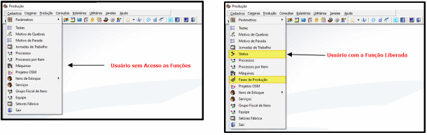 Módulo Produção — comparação do menu Cadastros: à esquerda, usuário sem acesso às funções (Status e Fases de Produção ocultos); à direita, usuário com a função liberada (Status e Fases de Produção visíveis)