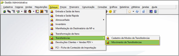 Menu Gestão Administrativa com Estoque > Transferências > Movimento de Transferências destacado