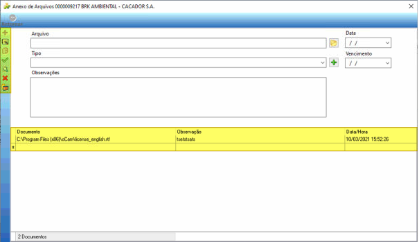 Janela Anexo de Arquivos com campos Arquivo, Tipo, Data, Vencimento e Observações, e lista de documentos já anexados exibindo colunas Documento, Observação e Data/Hora