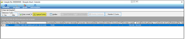 Tela de Itens da Cotação de Compras com a barra de ferramentas exibindo os botões Selecionar Todos, Cotar E-mail, Lançar Custos, Análise, Limitar Pedido, Enviar Subitem e Manter C. Custos; lista de itens da cotação com colunas de Item, Serviço, Código, Descrição, Quantidade, Necessidade, Marcado, Solicitado, Fornecedor Selecionado, Ótio Compras, Unidades, Desconto, IPI, Unitário Líquido, Total, Classificação e outros campos