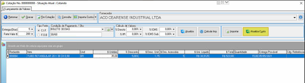 Tela de Lançamento de Valores da Cotação de Compras exibindo o fornecedor ACO CEARENSE INDUSTRIAL LTDA, campos de Entrega, Tipo Frete, Condição de Pagamento, Cálculo de Valores, % Desconto, % IPI, % CMS, % Sub, além do botão Atualiza Custos destacado na barra superior; grade com colunas de Pedido, Item, Descrição, Und, % Unidades, % Desconto, $ Des. Unit, $ Des. Acessórios, $ Un. Líquido, $ Total, Quantidade, Entrega Prevista e Cdg. Referência