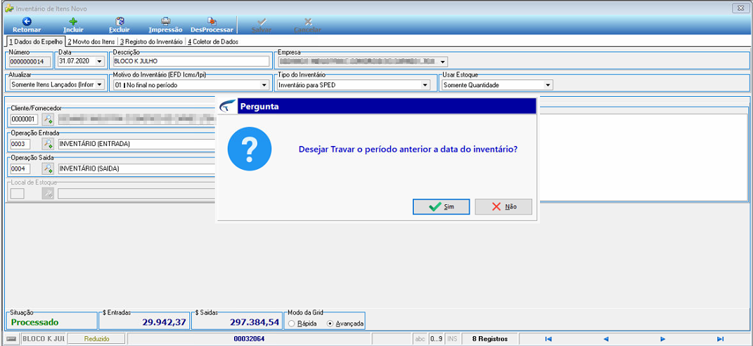 Tela Inventário de Itens Novo com dialog "Desejar Travar o período anterior a data do inventário?" e botões Sim e Não