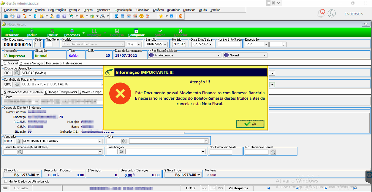 Tela do Gestão Administrativa com pop-up de bloqueio informando que o documento possui Movimento Financeiro com Remessa Bancária e que é necessário remover dados do Boleto/Remessa antes de cancelar a Nota Fiscal