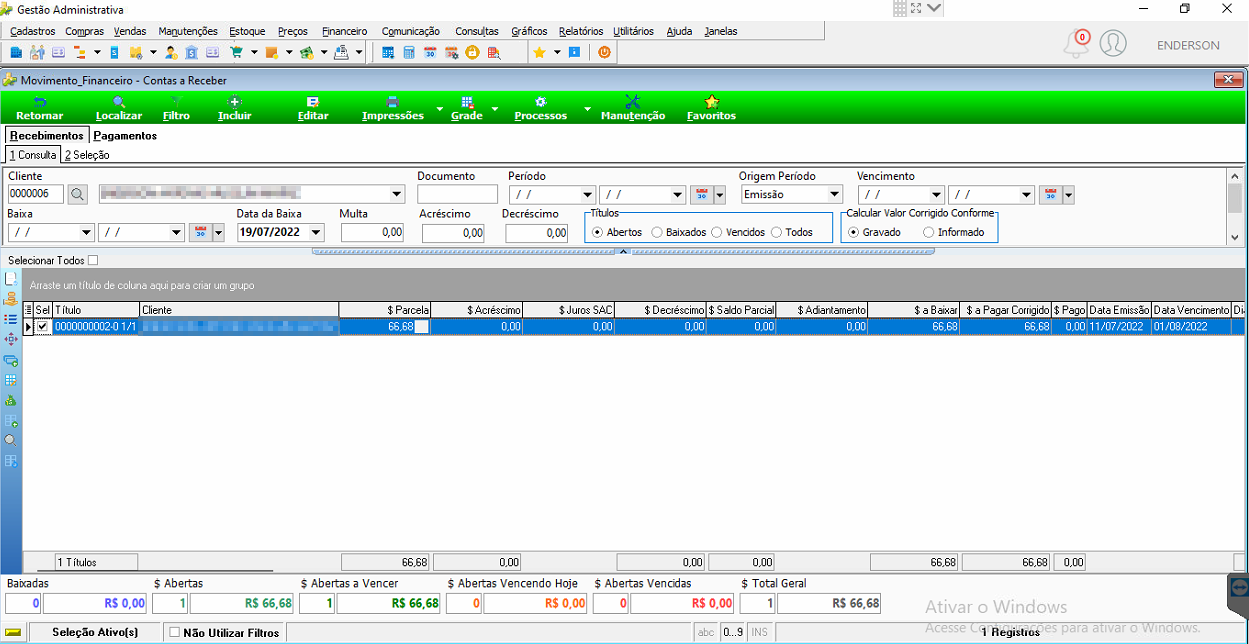 Tela Movimento Financeiro — Contas a Receber com filtros de Cliente, Período, Vencimento e Título; grade exibindo um registro com colunas Título, Cliente, Parcelas, Acréscimo, Juros SAC, Desconto, Saldo Parcela e datas