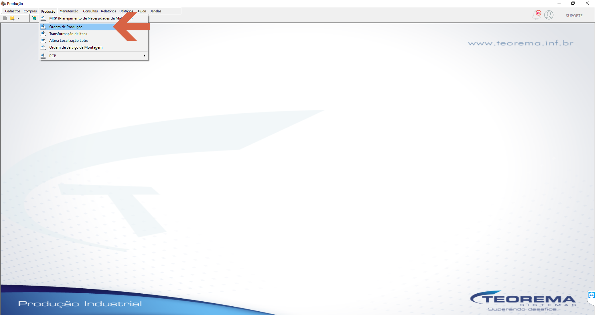 Menu Produção com submenu expandido mostrando a opção Ordem de Produção selecionada