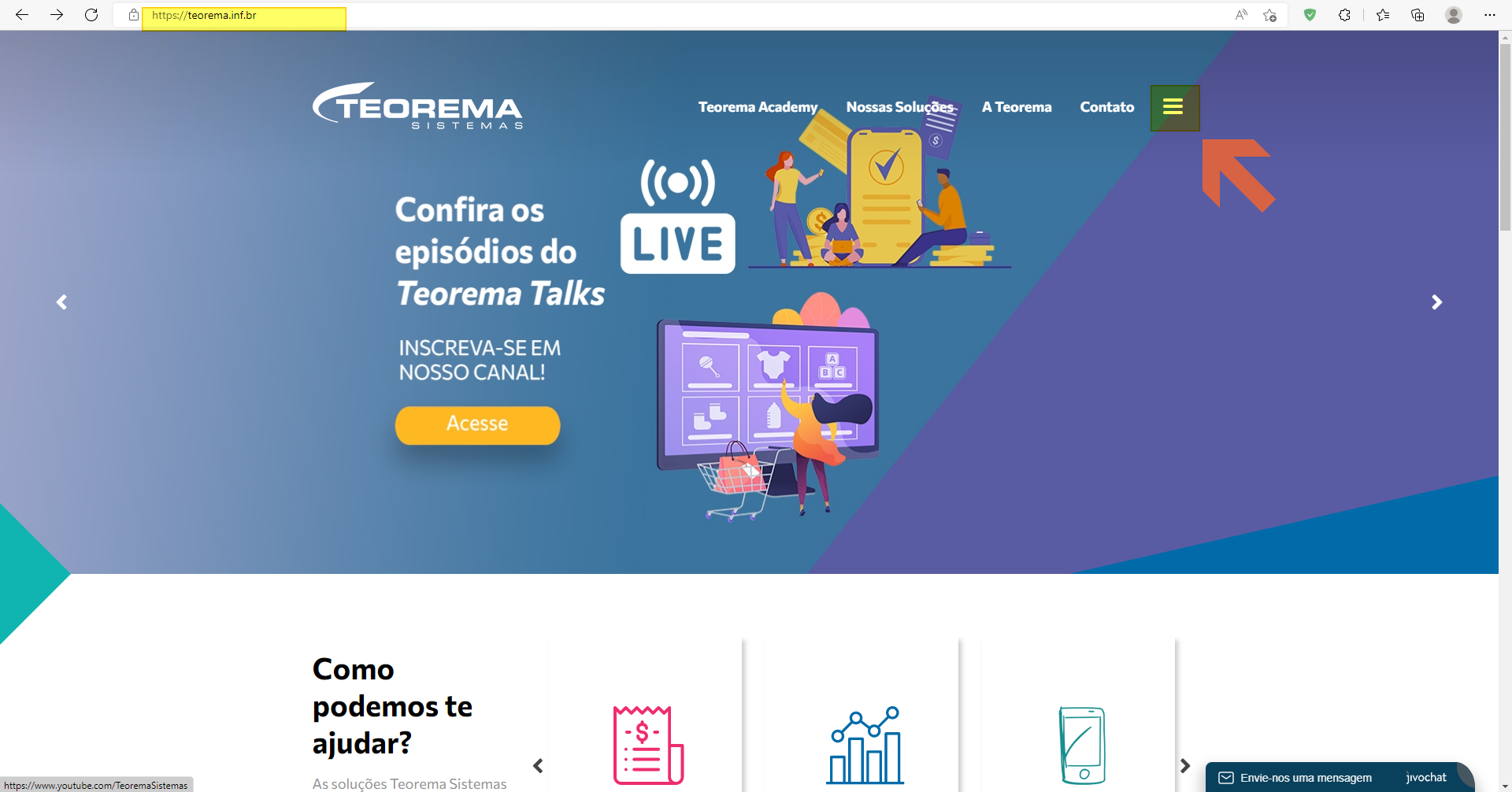 Página inicial do site teorema.inf.br com menu de navegação exibindo as opções Teorema Academy, Nossas Soluções, A Teorema e Contato