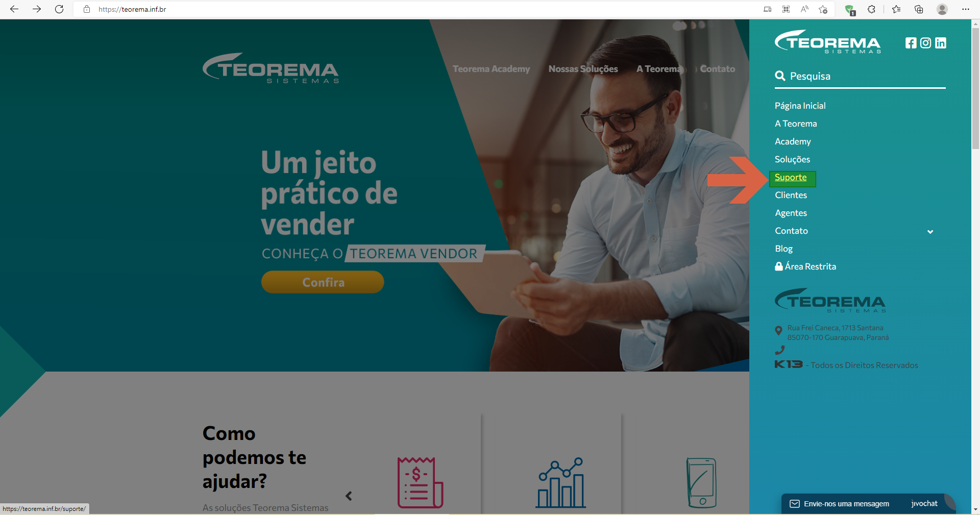 Menu lateral do site teorema.inf.br com a opção Suporte destacada entre as opções Página Inicial, A Teorema, Academy, Soluções, Clientes, Agentes, Contato e Área Restrita