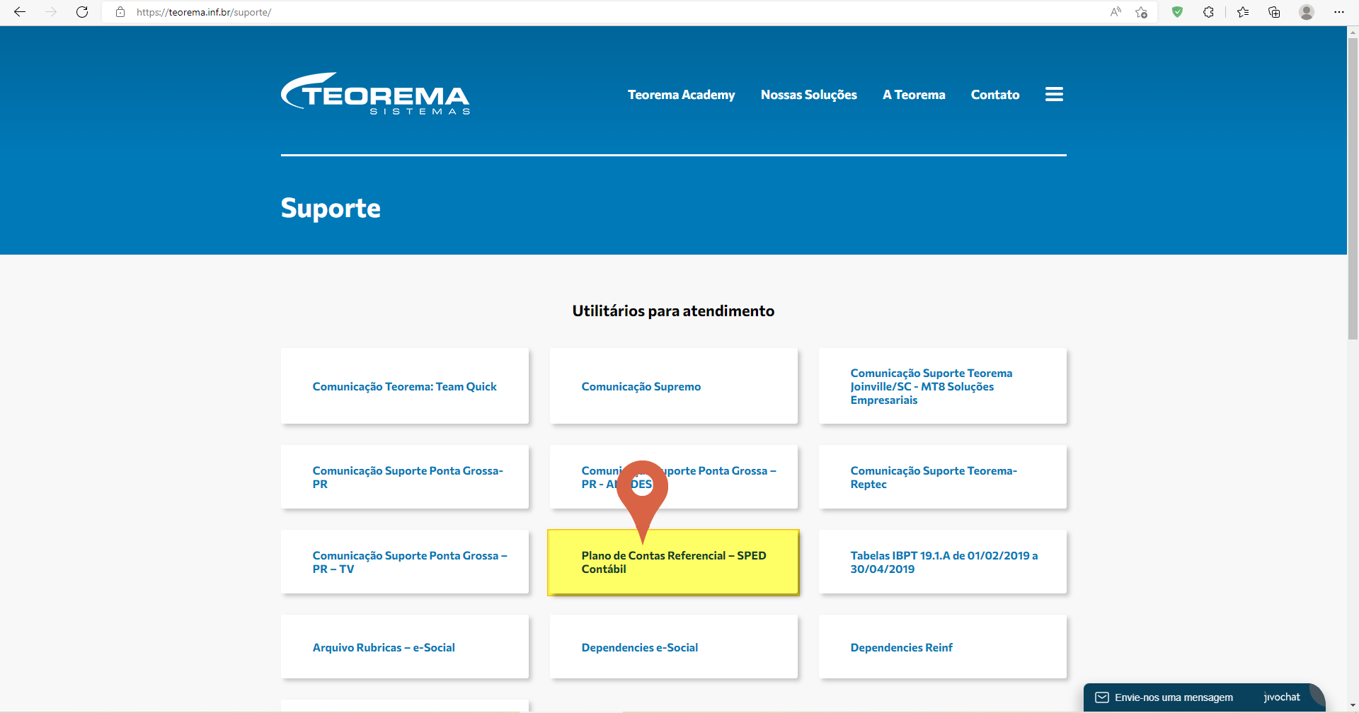 Página Suporte do site teorema.inf.br exibindo a seção Utilitários para atendimento com o card Plano de Contas Referencial – SPED Contábil destacado