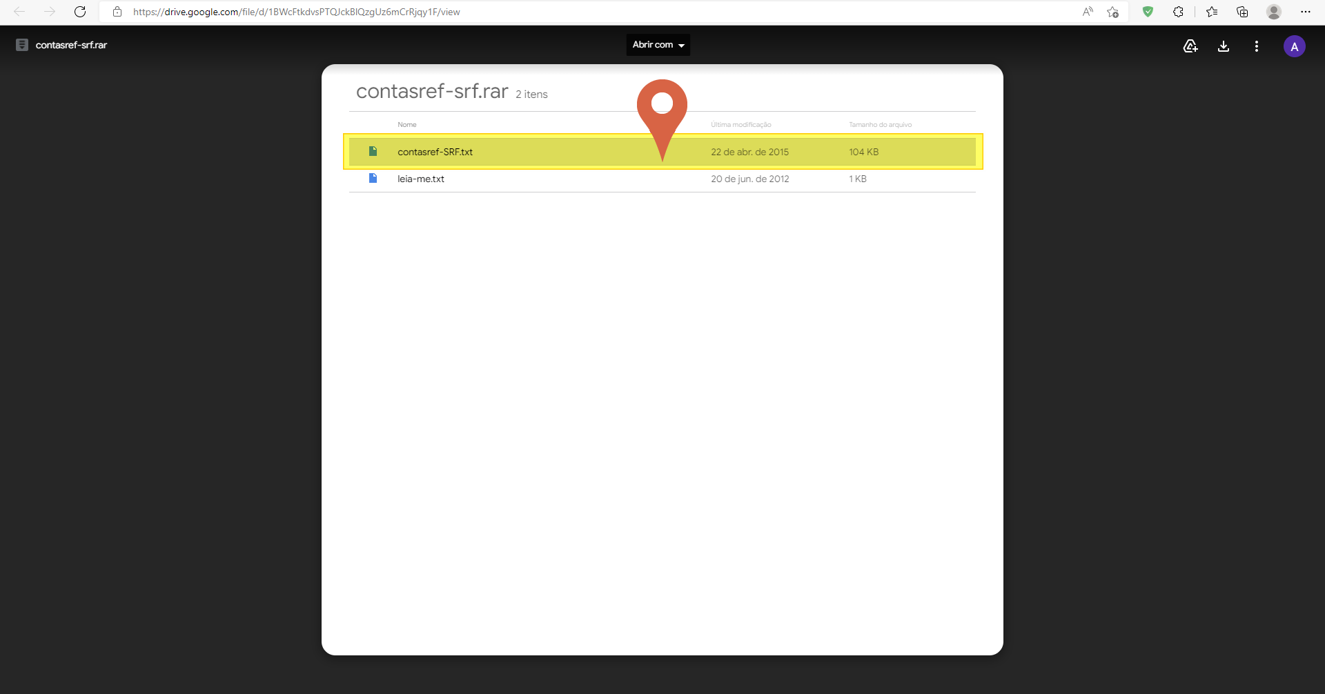 Google Drive exibindo o arquivo compactado contasref-srf.rar com dois itens: contasref-SRF.txt (104 KB, 22 de abr. de 2015) e leia-me.txt (1 KB, 20 de jun. de 2012); o arquivo contasref-SRF.txt está selecionado