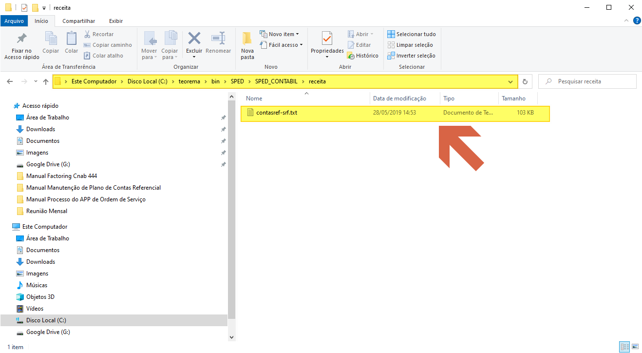 Windows Explorer exibindo a pasta receita no caminho Este Computador > Disco Local (C:) > teorema > bin > SPED > SPED_CONTABIL > receita, com o arquivo contasref-srf.txt de 103 KB