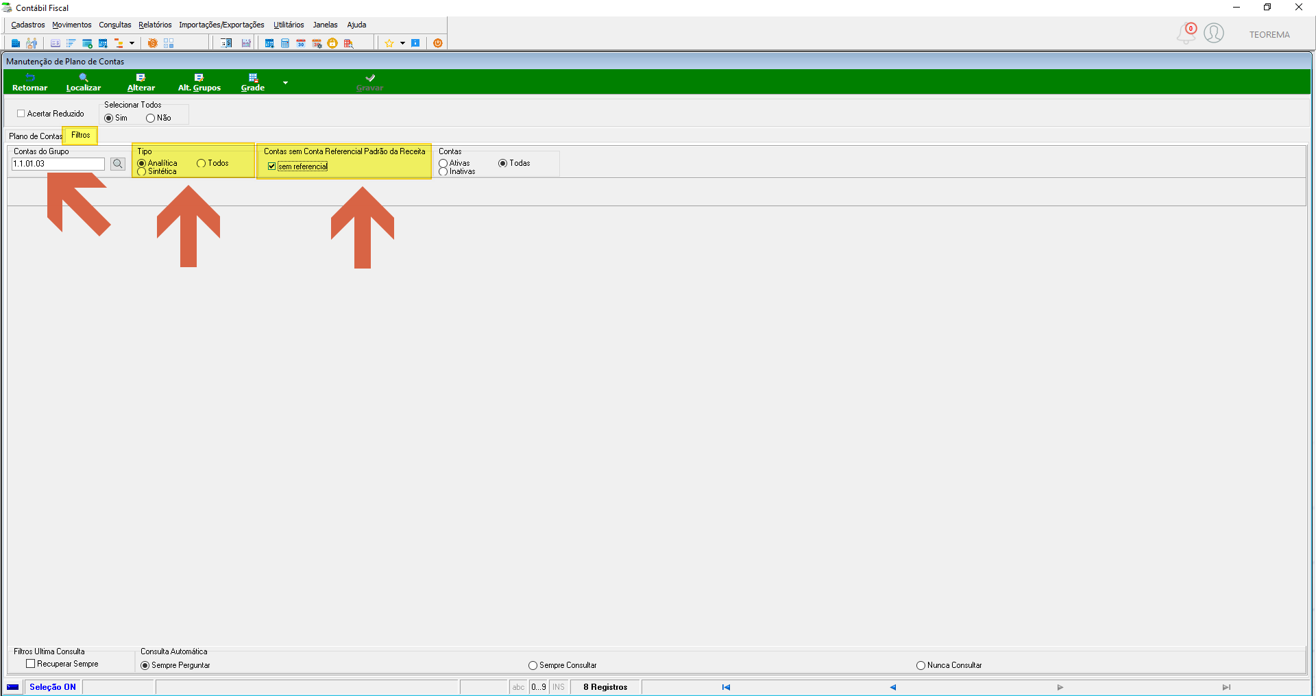 Tela Manutenção de Plano de Contas, aba Filtros, com o campo Contas do Grupo preenchido com o código 1.1.01.03, Tipo definido como Analítica, campo Contas sem Conta Referencial Padrão da Receita marcado como "sem referencial" e 8 Registros indicados na barra de status