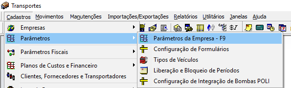 Menu Transportes com Cadastros expandido, submenu Parâmetros aberto e opção "Parâmetros da Empresa - F9" destacada
