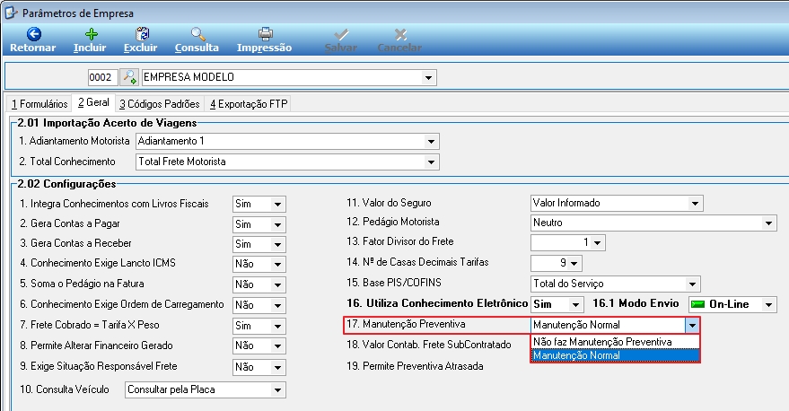 Tela Parâmetros de Empresa, aba 2 Geral, seção 2.02 Configurações, item 17. Manutenção Preventiva com dropdown exibindo as opções "Não faz Manutenção Preventiva" e "Manutenção Normal" selecionada