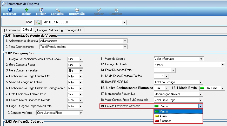 Tela Parâmetros de Empresa, aba 2 Geral, item 19. Permite Preventiva Atrasada com dropdown exibindo as opções Permitir, Avisar e Bloquear