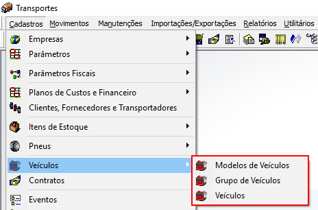 Menu Transportes com Cadastros expandido e submenu Veículos aberto, exibindo as opções Modelos de Veículos, Grupo de Veículos e Veículos