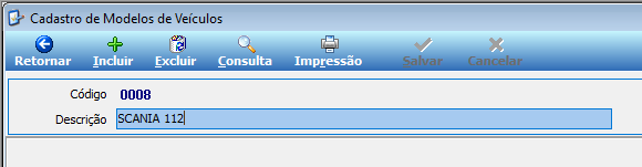 Tela Cadastro de Modelos de Veículos com campos Código "0008" e Descrição "SCANIA 112"