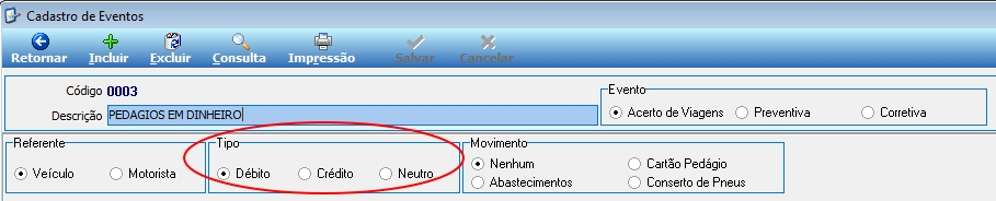 Tela Cadastro de Eventos com Código "0003", Descrição "PEDAGIOS EM DINHEIRO", tipo Acerto de Viagens, grupo Tipo com opção "Débito" selecionada