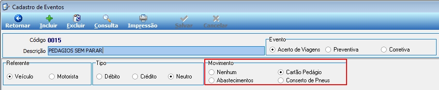 Tela Cadastro de Eventos com Código "0015", Descrição "PEDAGIOS SEM PARAR", tipo Acerto de Viagens, grupo Tipo com "Neutro" selecionado e grupo Movimento com "Cartão Pedágio" selecionado