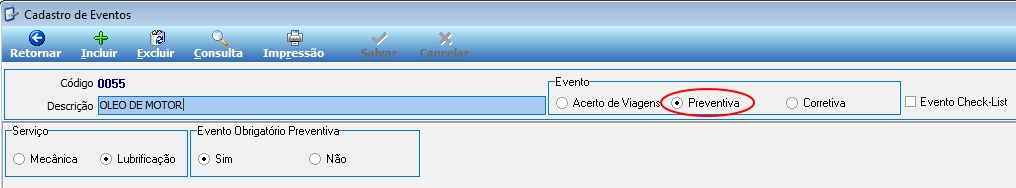 Tela Cadastro de Eventos com Código "0055", Descrição "OLEO DE MOTOR", opção "Preventiva" selecionada no grupo Evento, Serviço "Lubrificação" e Evento Obrigatório Preventiva "Sim"