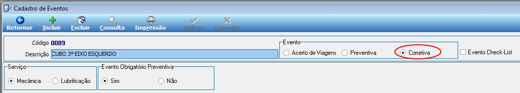 Tela Cadastro de Eventos com Código "0089", Descrição "CUBO 3º EIXO ESQUERDO" e opção "Corretiva" selecionada no grupo Evento
