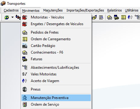 Menu Transportes com Movimentos expandido, opção "Manutenção Preventiva" destacada na lista de movimentos